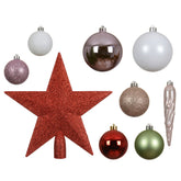 Decoris Shatterproof Bauble Set of 33 Pieces with Star Tree Topper - Red, Green, Pink and White,